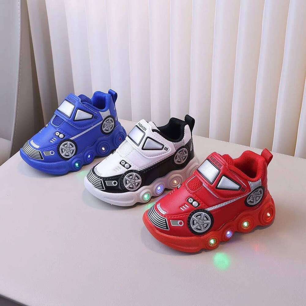 Diseny Kids'Casual Led Light Car Club Cartoon PU Leather Spring For Children Anti-slip Red Blue Shoes Size 21-30 H260312