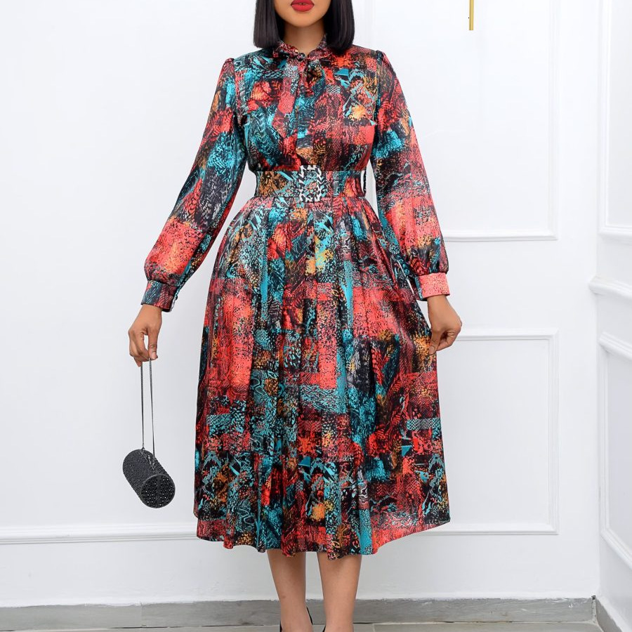 D238 Free Belt 2022 Spring New Long Sleeve High Waist Printed Plus Size Party Dress