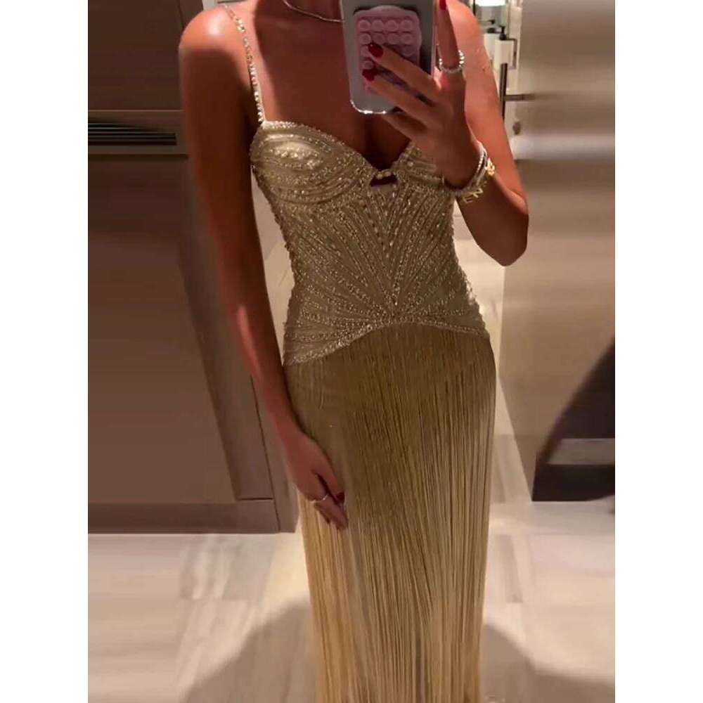 New 2026 Women's Banquet President Fashion Sequin Tassel Slim Cocktail Elegant Temperament Off Shoulder Strap Dress C260312