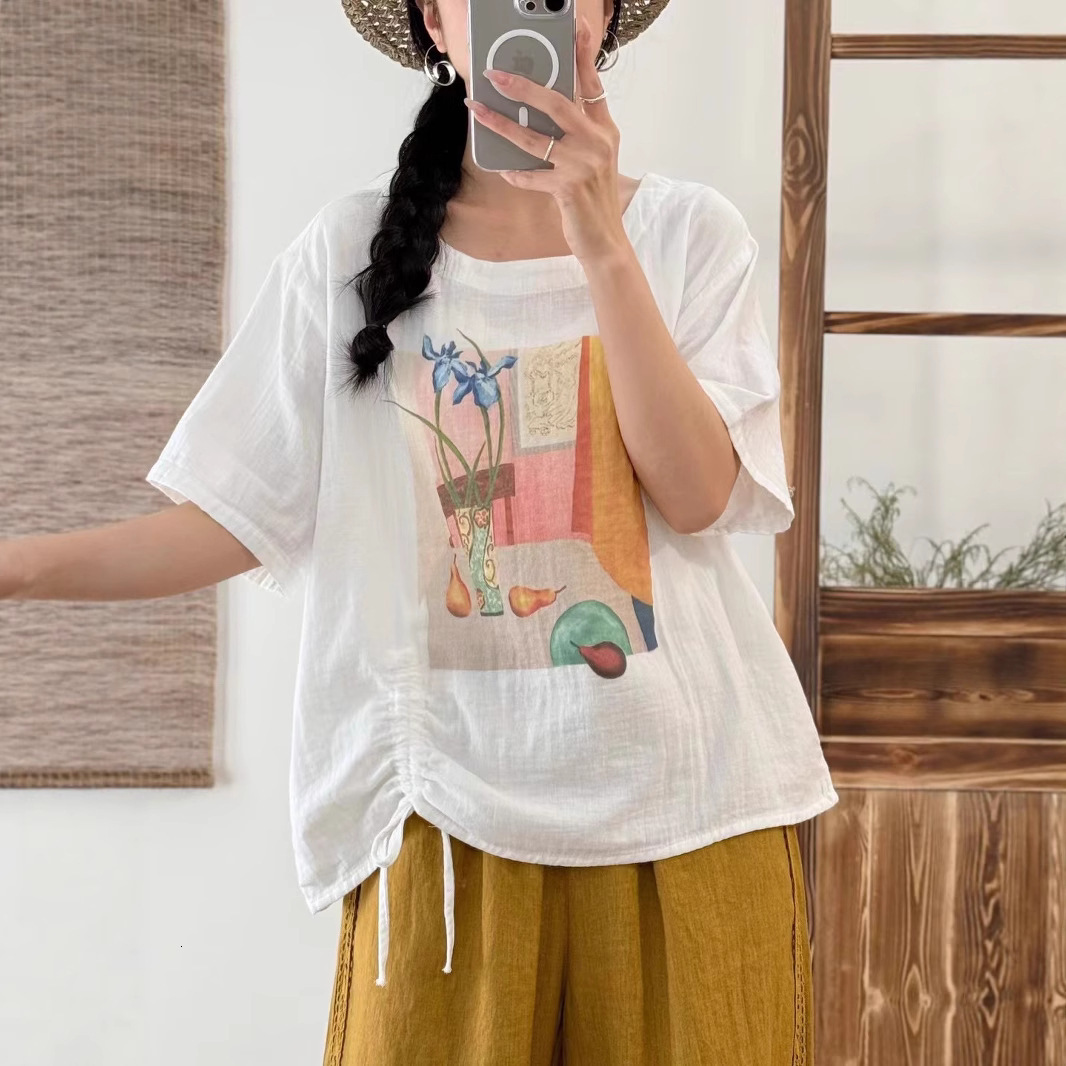 Summer New Double-layer Cotton Gauze Round Designer Hoodie Neck Printed Short Sleeve Women Loose Designer Shirt Fit Plus Size Versatile Polo Shirt Dra