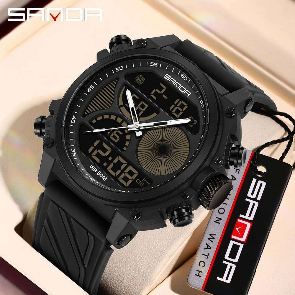 SANDA 6236 New Electronic Watch Sport Fashion Large Dial Dual Screen Multi functional Waterproof LED Night Light Men Watche