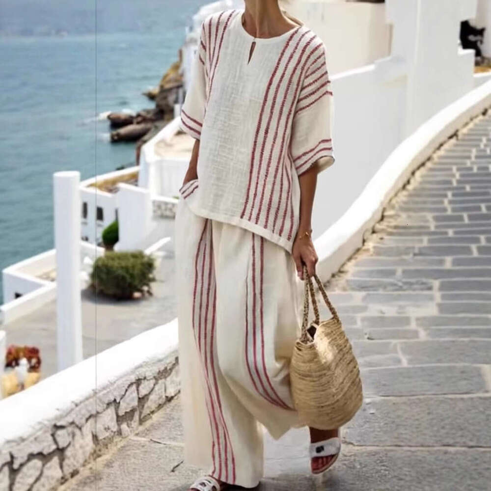 European And American Style Clothing Round Neck Striped Short Sleeve Linen Cotton Top Casual Pants Women