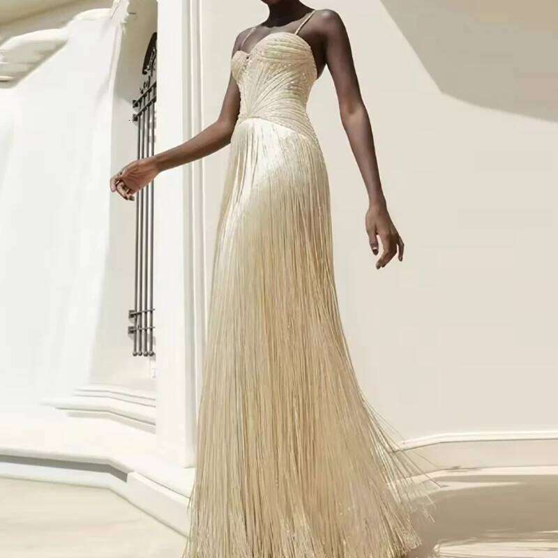 New 2026 Women's Banquet President Fashion Sequin Tassel Slim Cocktail Elegant Temperament Off Shoulder Strap Dress C260312