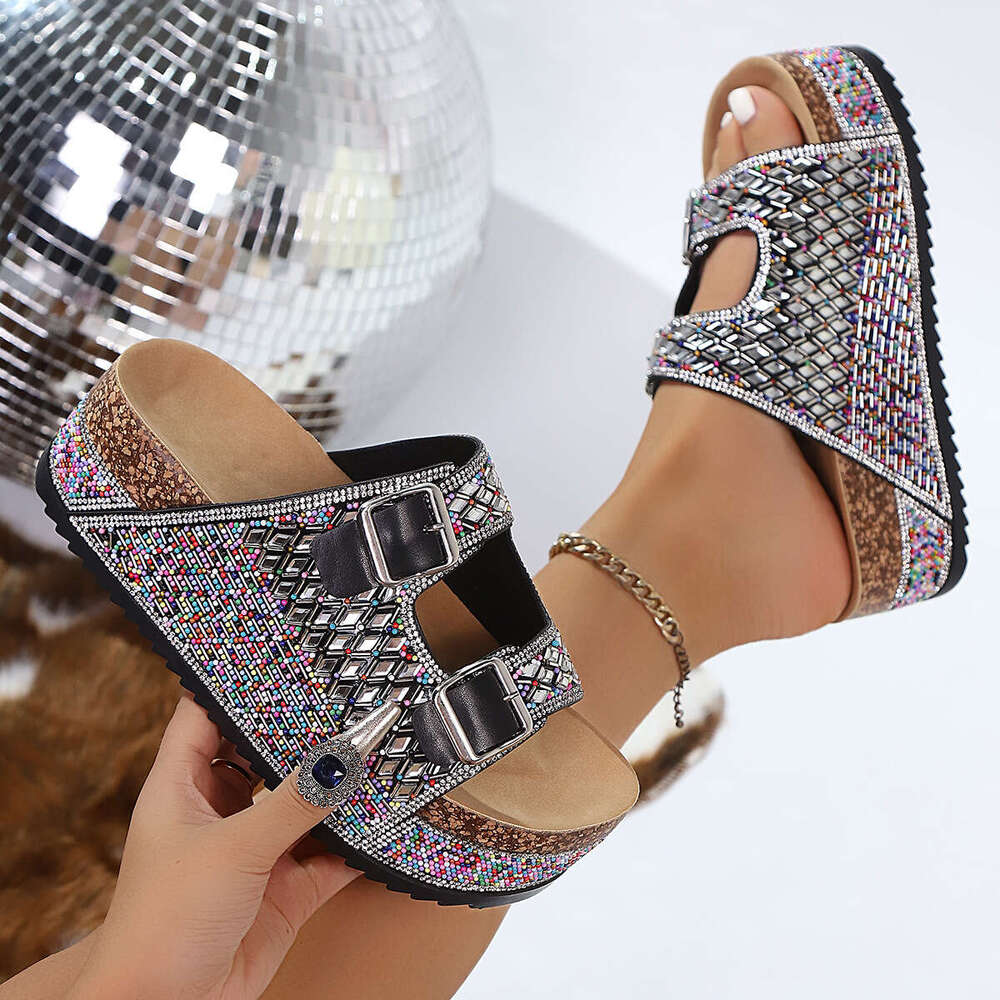 Summer New Rhinestone Beach Sandals for Women 2026, Large Size Double Buckle Cork Thick Sole Slide Sandals