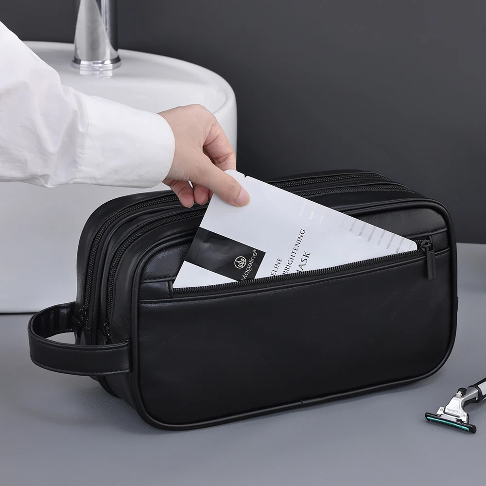 Double-Layer Toiletry Bag for Men PU Leather Travel Wash Organizer Dopp Kit Water-resistant Shaving Cosmetic Bag Strorage 260304