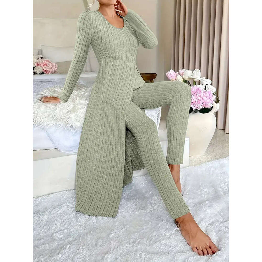 In-stock European American cross-border independent station Amazon new design round-neck split long-sleeve two-piece set for spring and autumn