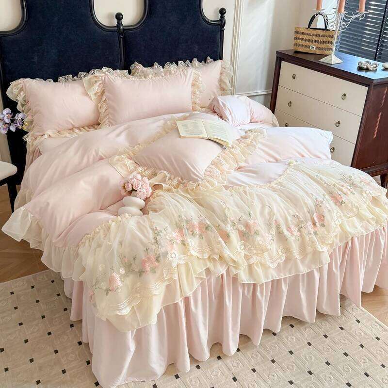 4Pcs Korean Princess Style Cotton 100% Bedding Duvet Cover 200x230 220x240 Four Seasons 2025 New Heart-Shaped Lace H260312
