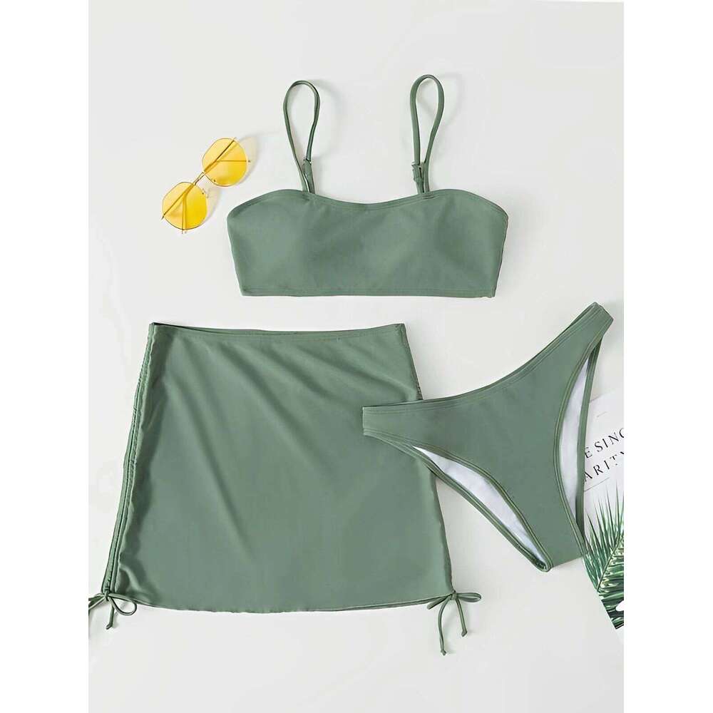 3 Pieces Padded Bikini 2025 Women & Drawstring Skirt Solid Swimsuit Sexy Swimwear Female Bathers Bathing Swimming Swim Suit Y260303