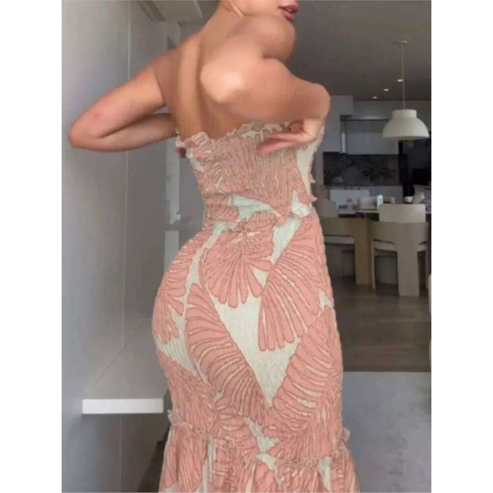 Hanging Neck Printed Pleated Long Sexy Exposed Waist Spring Summer New Casual Lace Up Vacation Bag Hip Dress C260312