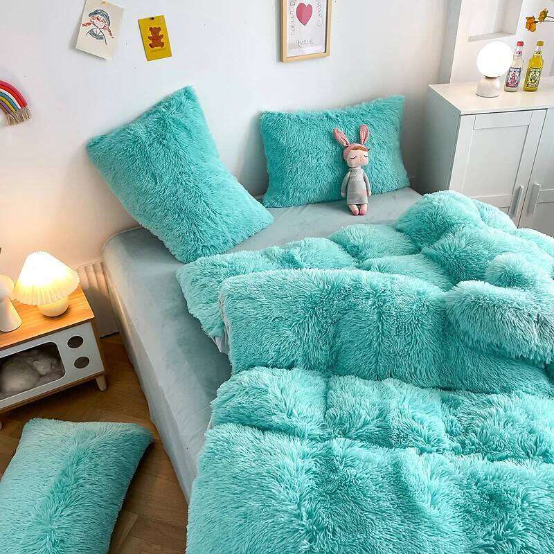 3Pcs Fluffy Black Plush Shaggy Duvet Cover +2Pcs Pillowcases Zipper Bedding set Soft Velvet H260312