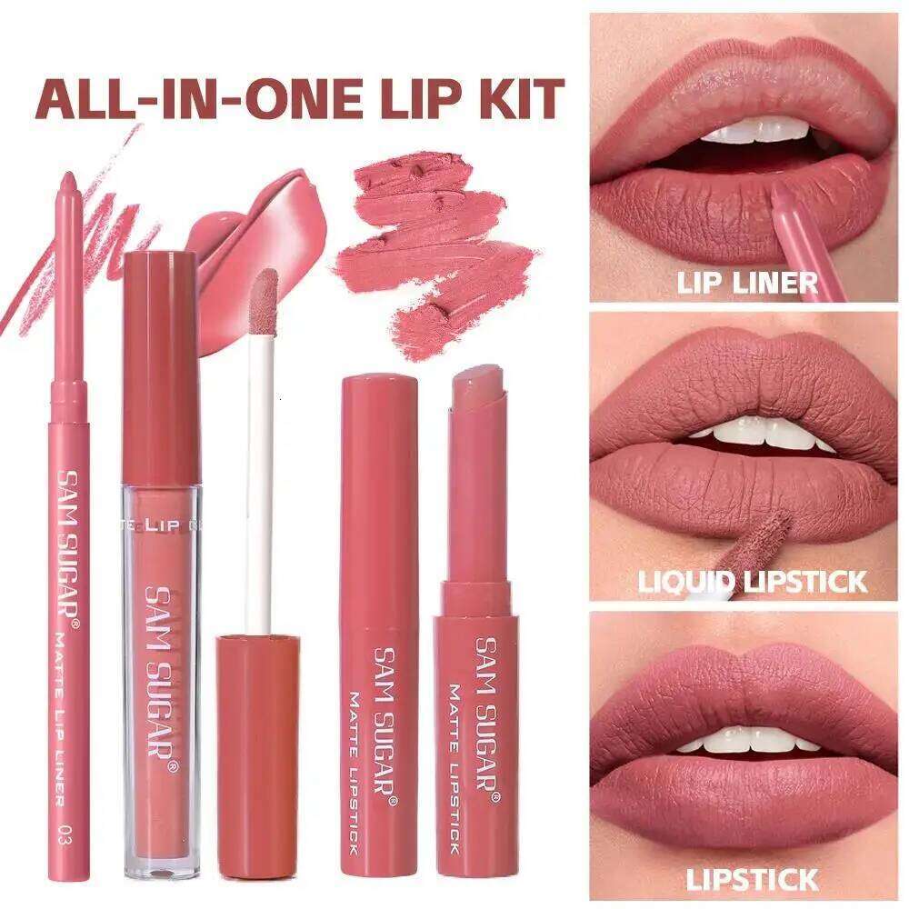 Matte Liquid Lipstick Set 3in1 Long Lasting Waterproof Lip Liner Gloss Kit Nude Pink Brown Cherry Shades W260311