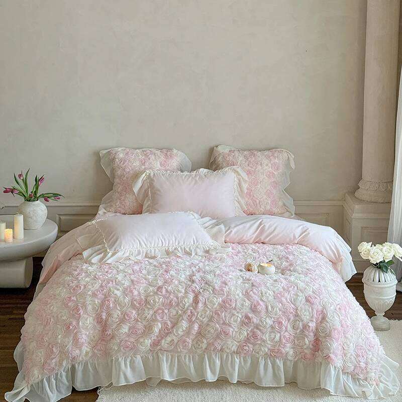 Three-Dimensional Rose Lace Ruffles Princess Wedding Bedding Set Egyptian Cotton Duvet Cover Bed Sheet Or Bedspread Pillowcases H260312
