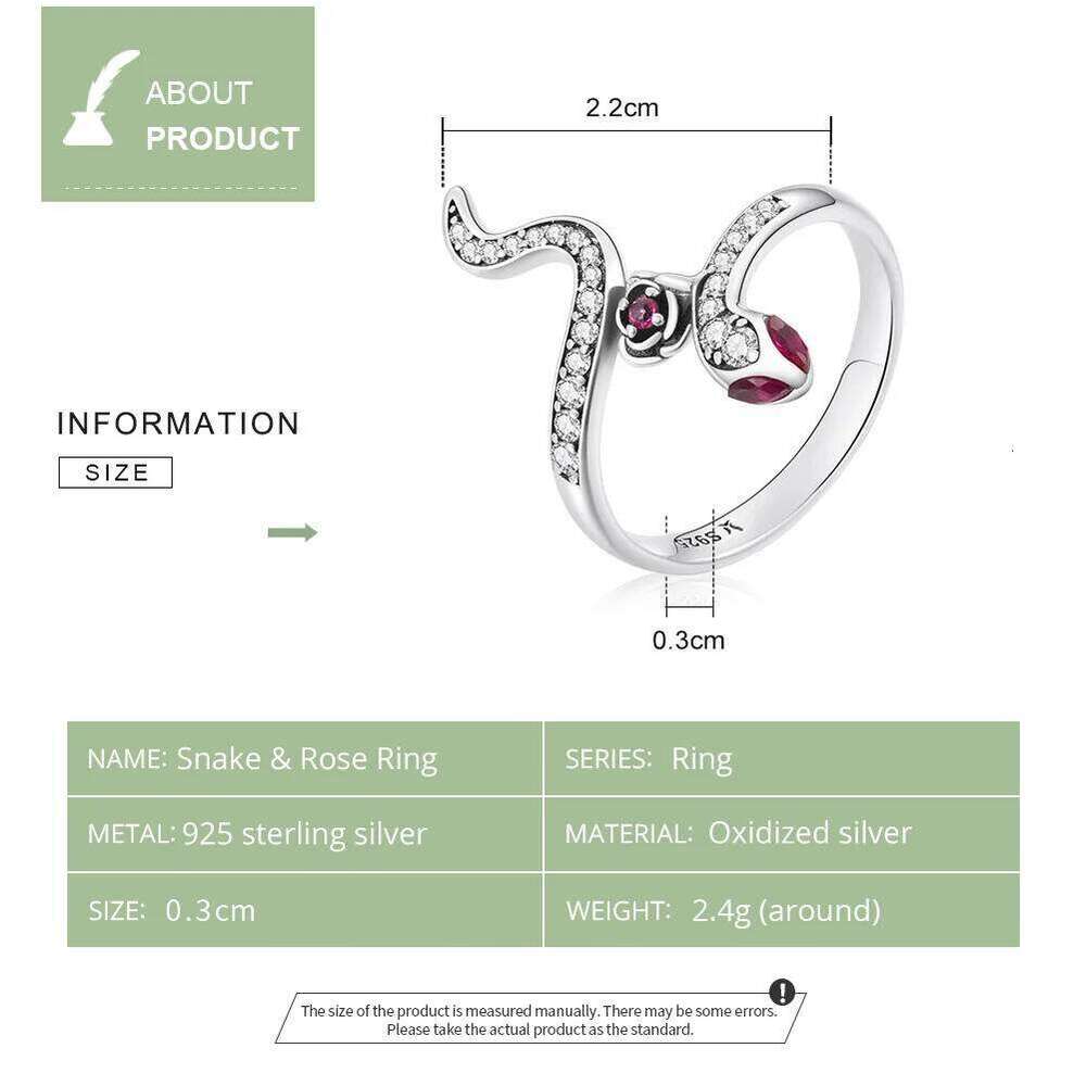 Bamoer 925 Sterling Silver Snake & Rose for Personality Cool Fashion Women Statement Ring H260312