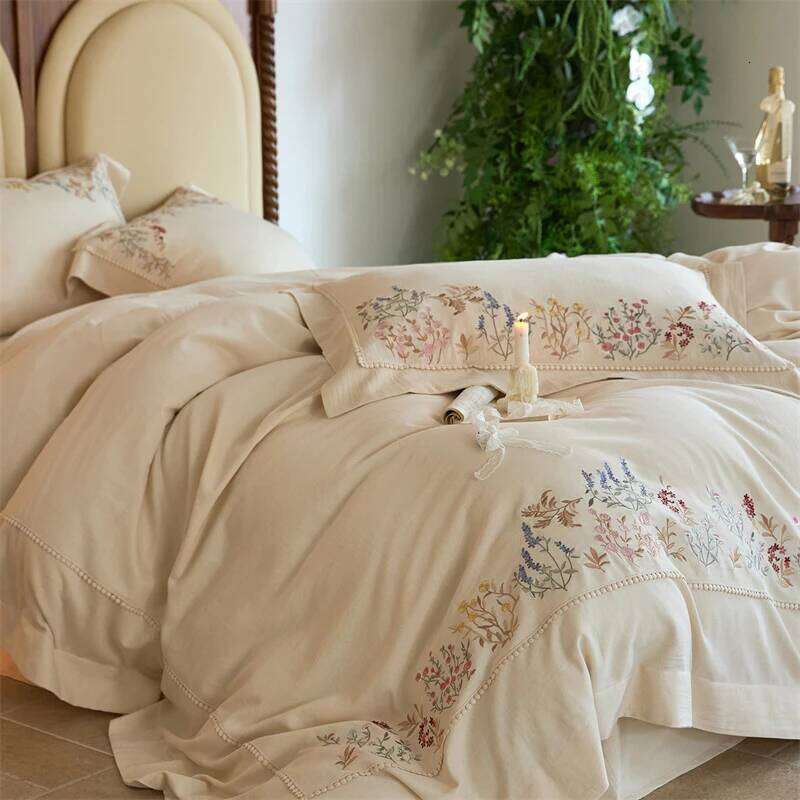 Natural Cotton Linen Vintage French Flowers Embroidery Bedding Set Duvet Cover Flat/Fitted Bed Sheet Pillowcases 4Pcs H260312