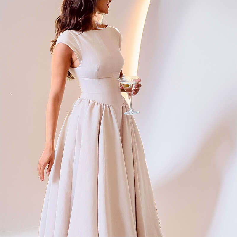 European and American cross-border women's clothing 2026 spring new elegant solid color backless patchwork waist-cinching mid-length dress