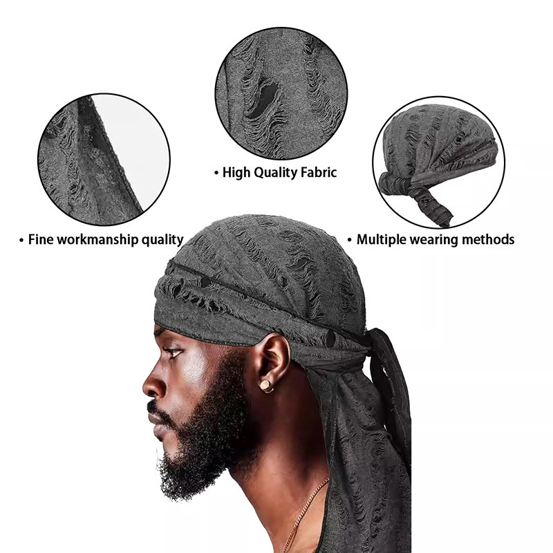 Vintage hole Cotton Durag Headband Unisex Hip Hop Bandana Long Tail Pirate Cap for Men Trendy Head Wraps Cycling Head Scarf 260304