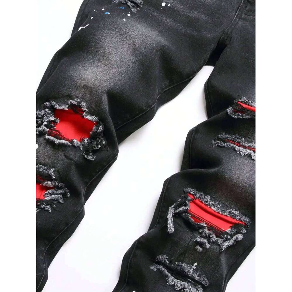 y2k Stretchy Skinny Jeans For Men Casual pants Ripped Patchwork Hole Slim Fit Denim Hip Hop Black Straight Trousers 26Y0312