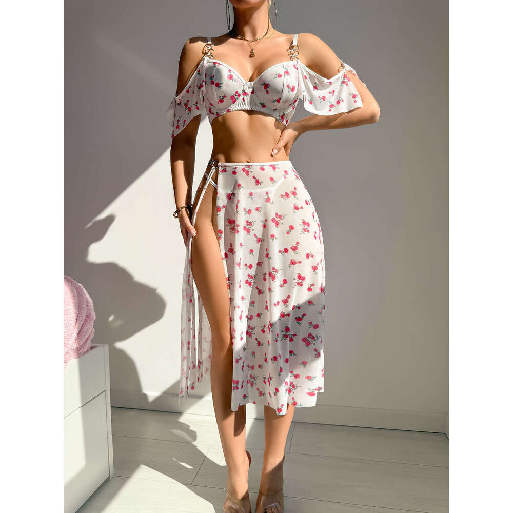 Women Sheer Lingerie Set with Off-Shoulder Top and Metal Ring Straps Sexy Transparent Skirt for Party, Beach, or Romantic Wear