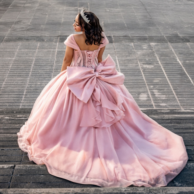 Pink Shiny Ball Gown Quinceanera Dresses 2026 Beading Bow Tull Corset Off Shoulder Sweet 16 Dress Vestidos De 15 Anos