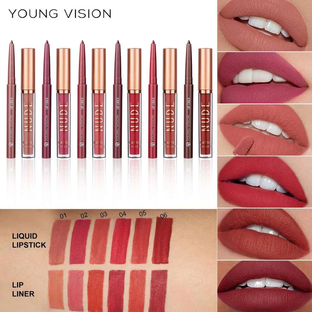 YOUNG VISION 2-color matte long-lasting color set waterproof anti-sweat non-stick cup gloss rotatable lip liner W260311