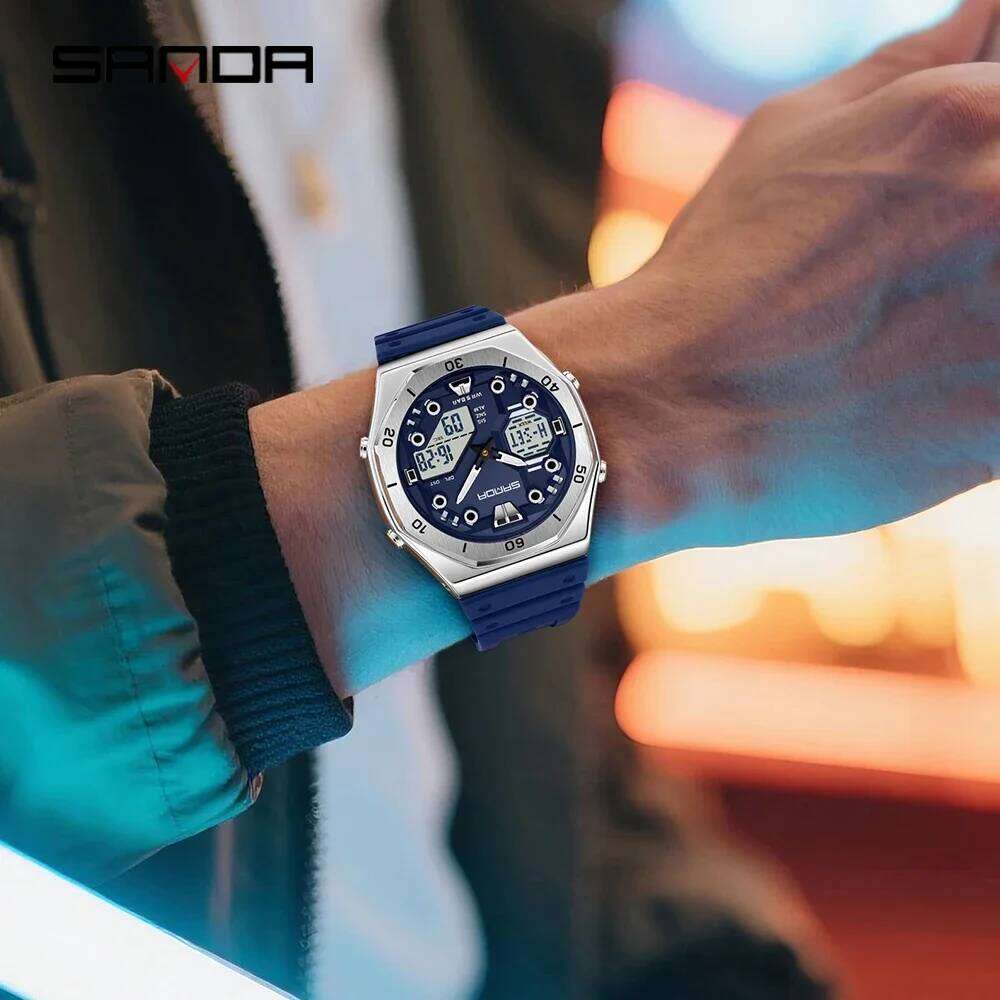 SANDA 6306 Fashion Men's Electronic Dual Display Multifunctional Night Light Alarm Clock Waterproof Cool Unisex Watch 2026