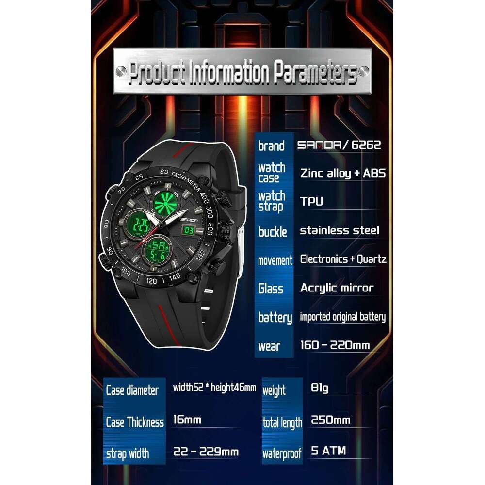 SANDA6262 Top Fashion Men's Sports Watch Waterproof LED Analog Digital Dual Display Electronic Clock Stopwatch