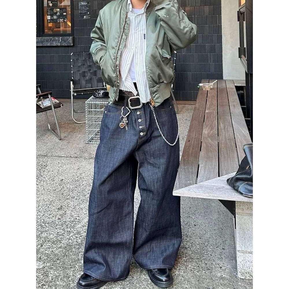 MIJKO High Street Cleanfit Drak Blue Jeans for Men and Women Straight Vintage Casual Denim Trousers ZJ089 26Y0312