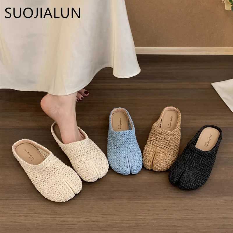 SUOJIALUN 2025 Summer New Women Slipper Fashion Split Toe Slip On Ladies Casual Mules Shoes Soft Flat Heel Outdoor Dress Slides K260312