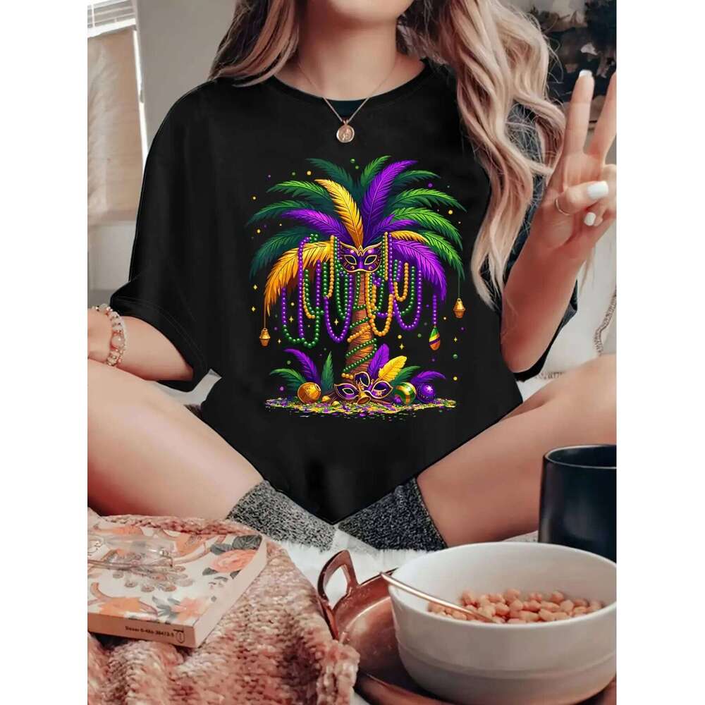 Retro Multicolor Festive Print Women's T-Shirt Round Neck Casual Comfortable Top for Everyday Wear Z260312