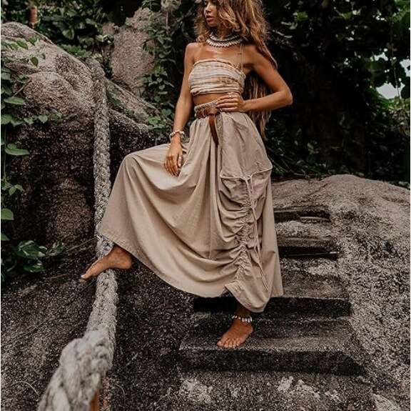 European American women's casual 2026 new model, bohemian loose-fitting organic cotton long skirt with drawstring and large pockets