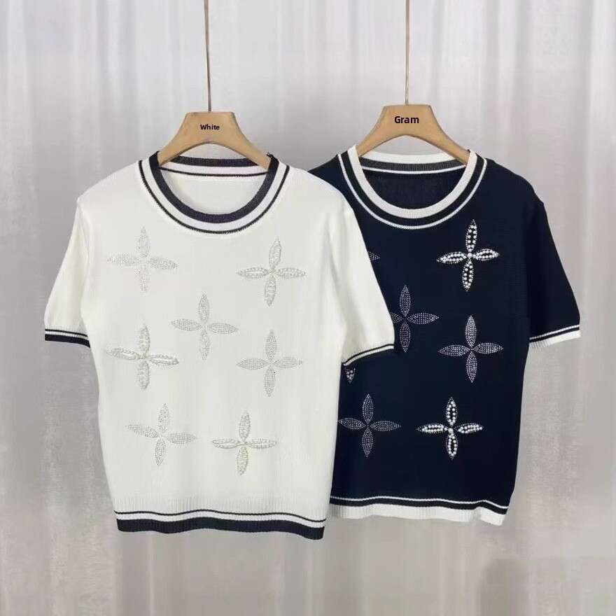 New Model Ice Silk Short-Sleeve Knit For Women, Summer New Style, Heavy-Duty Beaded And Rhinestone-Embellished Casual Thin Top