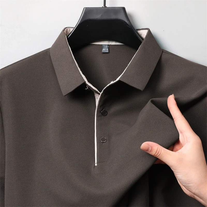 Mens Business Casual Long Sleeve Solid Color Polo Shirt Fashionable Warm Comfortable Four Seasons Versatile Top 260311