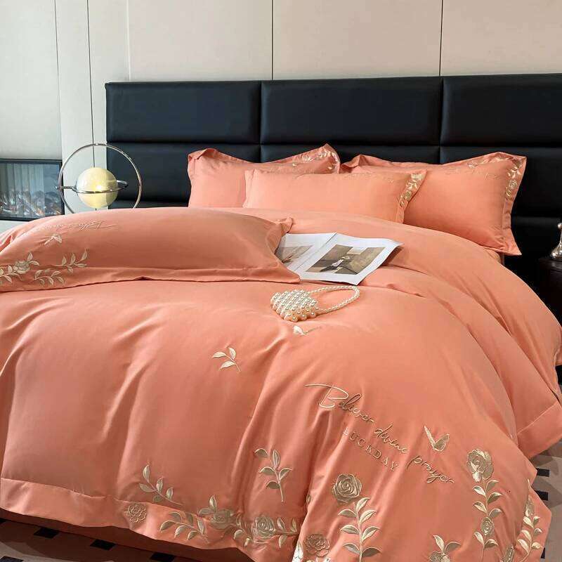Golden Flowers Sea Embroidery Bedding Set Beige Cotton Duvet Cover Flat or Fitted Bed Sheet Pillowcases Solid Color H260312