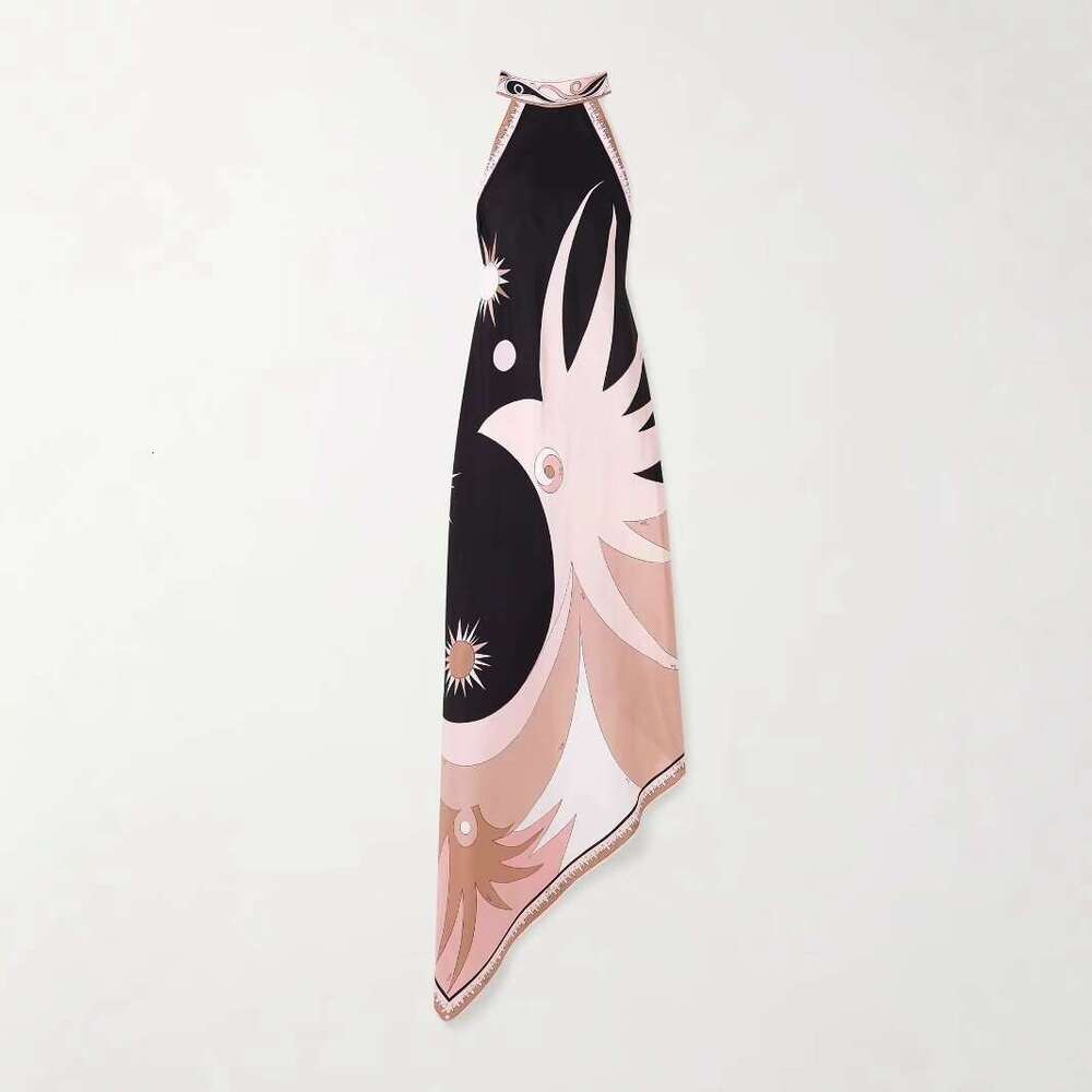 2025 New Summer European and American Sexy Halter Backless Printed Satin Vacation Beach Dress for Women