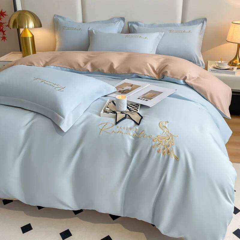 Simple Embroidery Washed Cotton Four-piece of High-grade Atmospheric Duvet Cover Pillowcase Bed Sheet Fitted Bedding Set H260312
