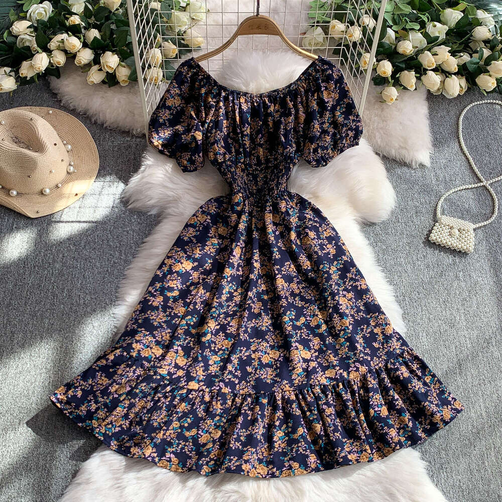 Women's designer French printed off shoulder bubble sleeve dress with summer stretch a20 waist slimming and ruffled details