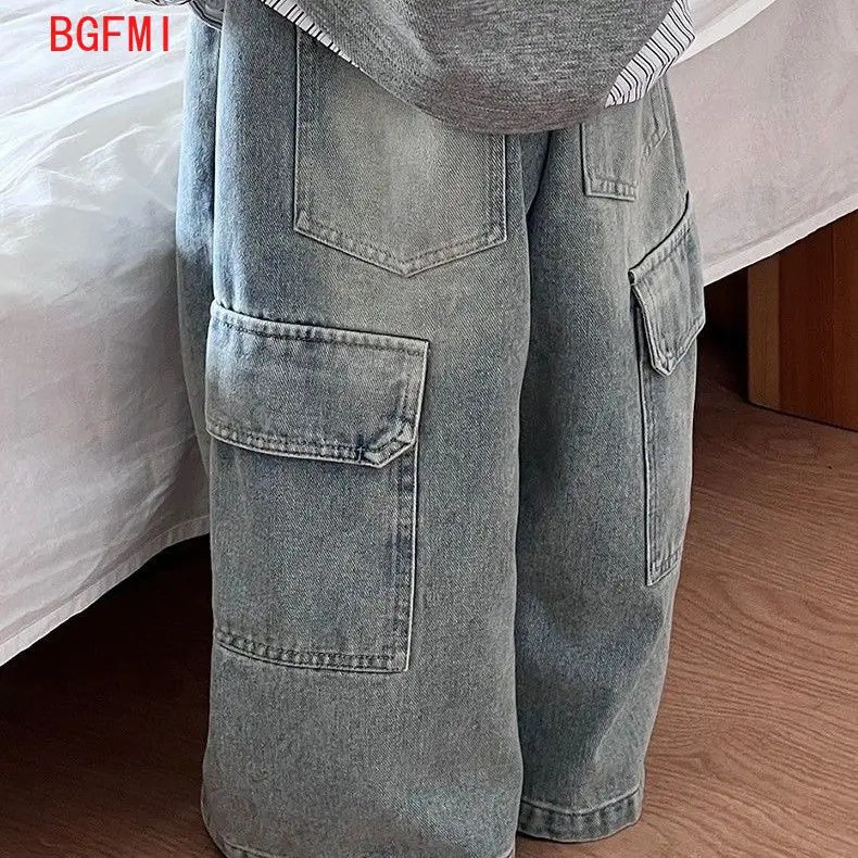Korean Childrens Jeans Loose Straight Pants Wide Leg Cargo for Boys Girls Spring Autumn Kids Denim Pocket Trousers 260311