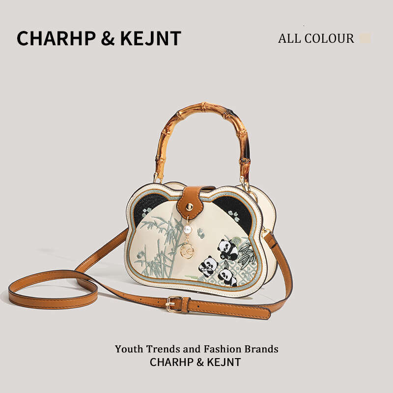 CHARHP&KEJNT Genuine Chinese Style Bamboo Handbag for Women 2026 New Cartoon Panda Single Shoulder Crossbody Bag