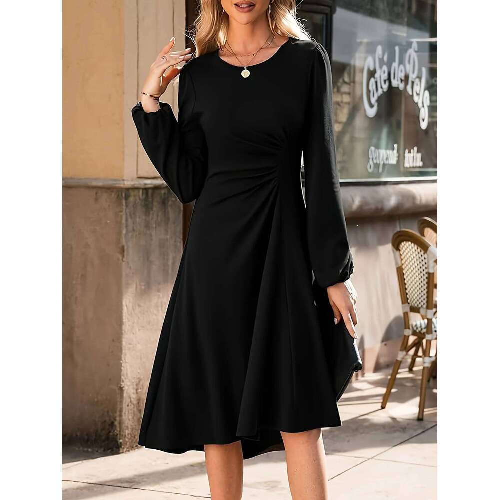 2025 New Women's Long - sleeved Black Maxi Dress with Ruched Waist Detail C260312