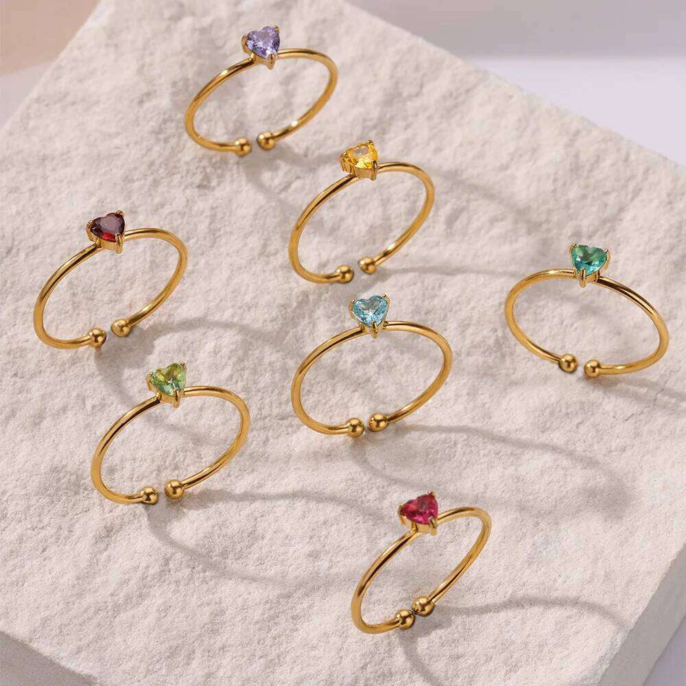 Zircon Rings For Women Gold Color Adjustable Stainless Steel Birthstone Heart Ring Wedding Jewelry Gift BFF H260312