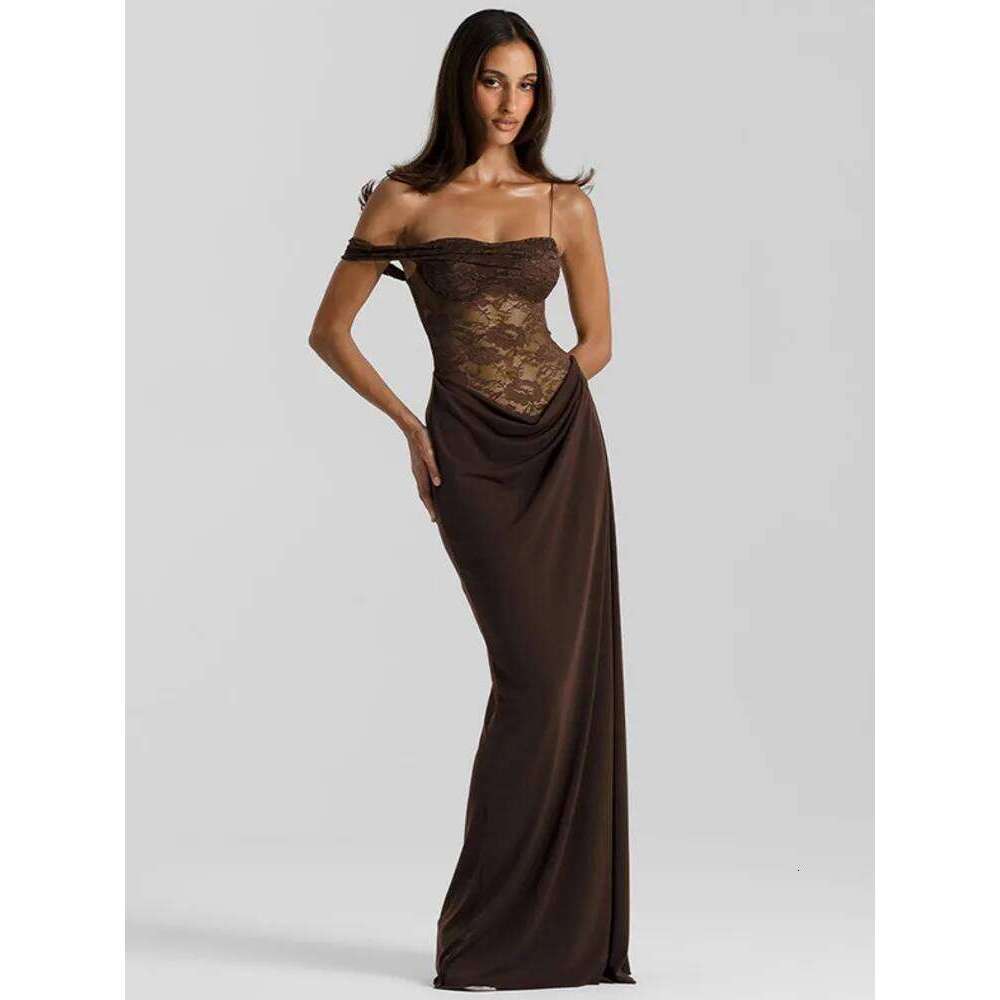 Mozision One Shoulder Lace See Through Sexy Maxi Dress Women Gown Fashion Off-shoulder Sleeveless Backless Club Long Dresses C260312