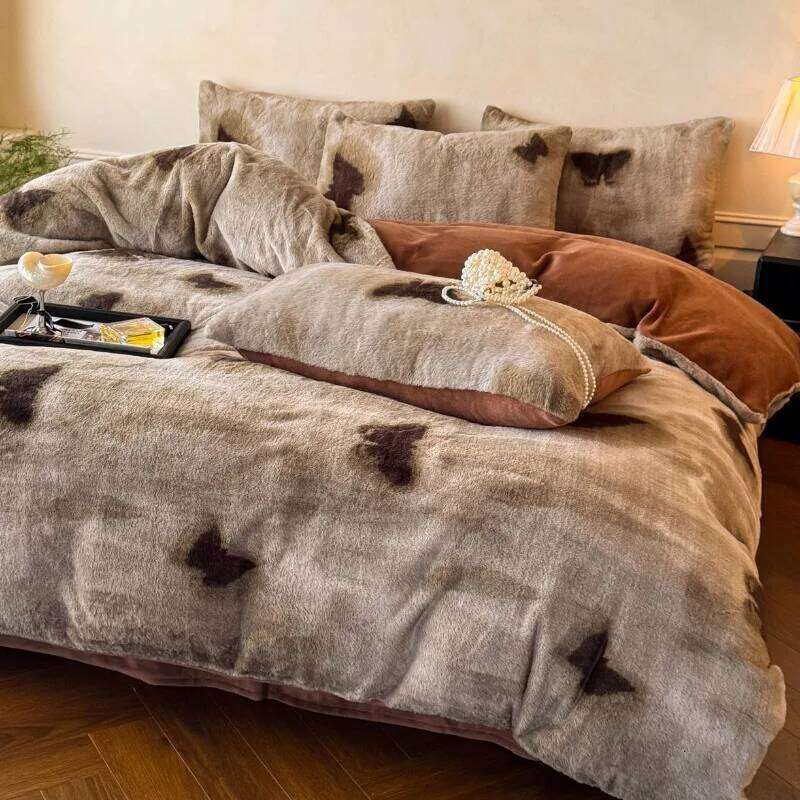 New class A thickened imitation rabbit hair carved milk four-piece winter coffee color warm fleece quilt set H260312