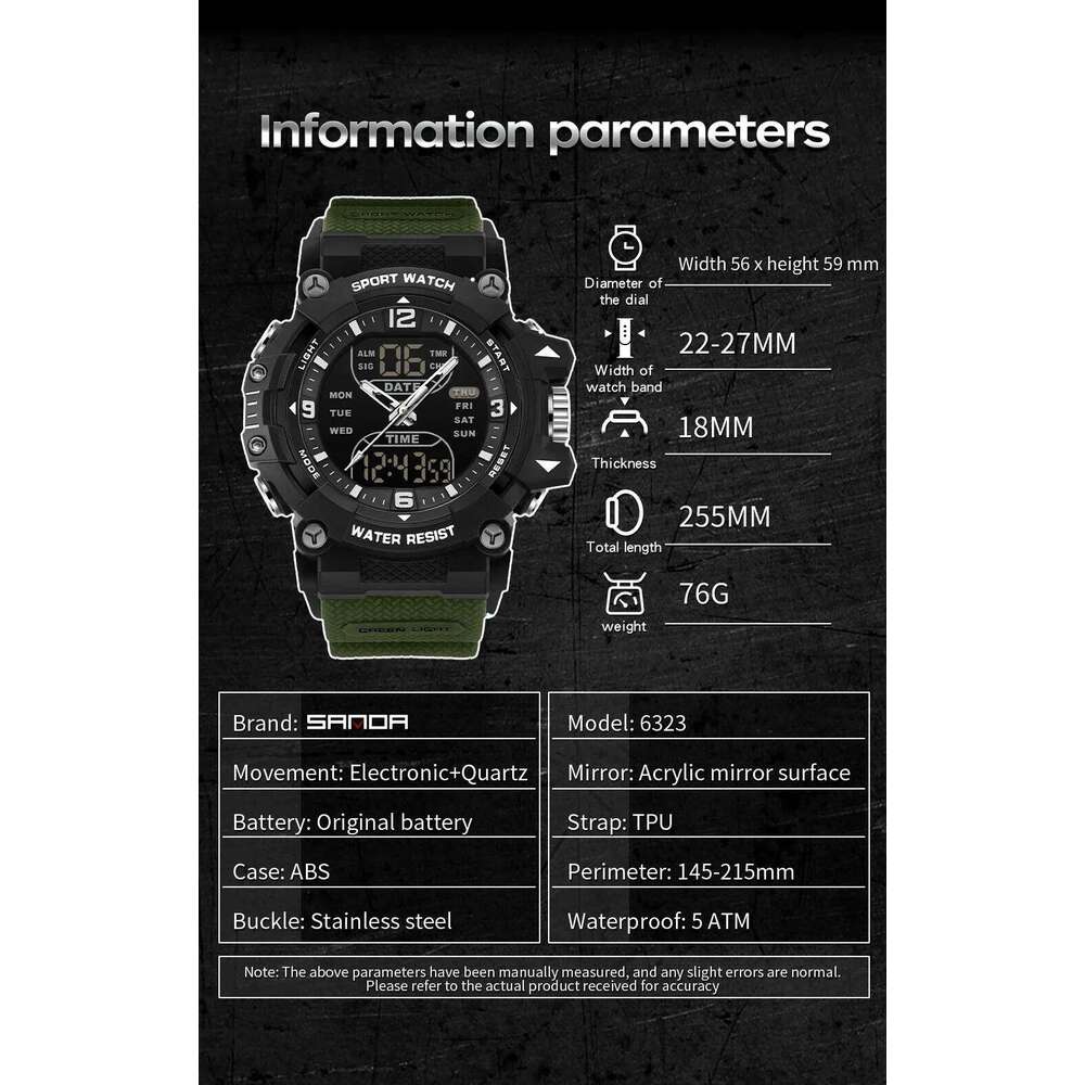 SANDA 6323 Men's Electronic Dual Display Luminous Waterproof Student Outdoor Sports Multifunctional Digital Watch