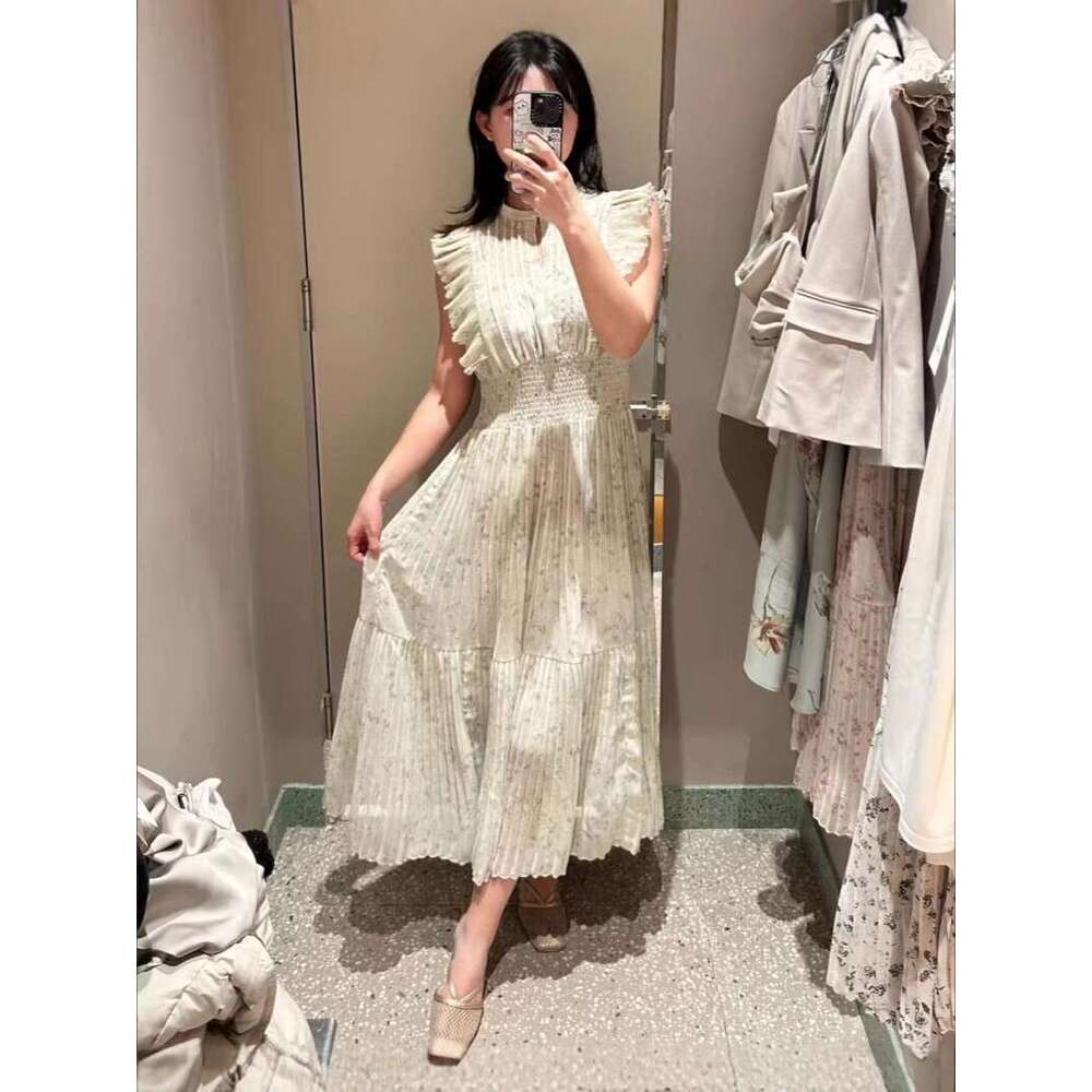 2026 Spring and a20 Summer New Women's Celebrity Same Style Printed Flower Flowing Sleeve Fold Dress