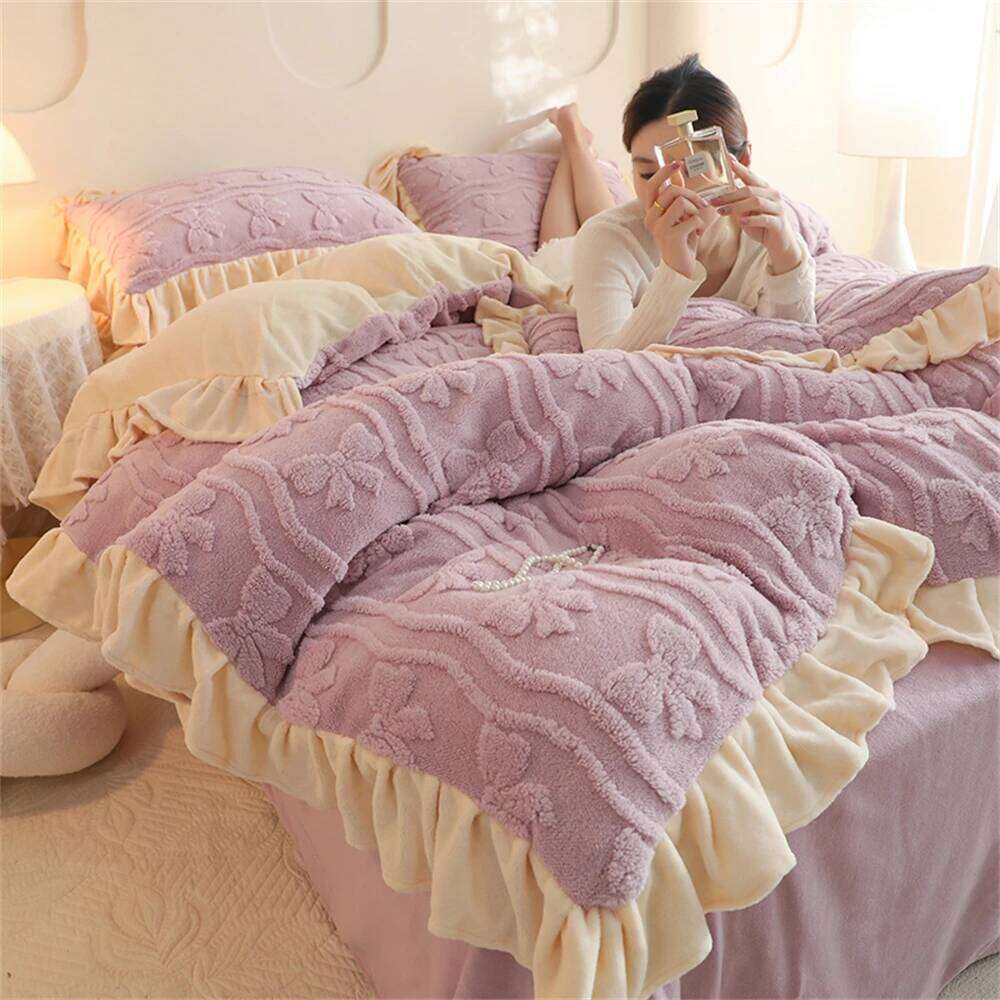 Winter Warm Bedding Milk Four-Piece Set Princess Duvet Thickened Coral Velvet Quilt Cover Bed Sheet Pillowcases H260312