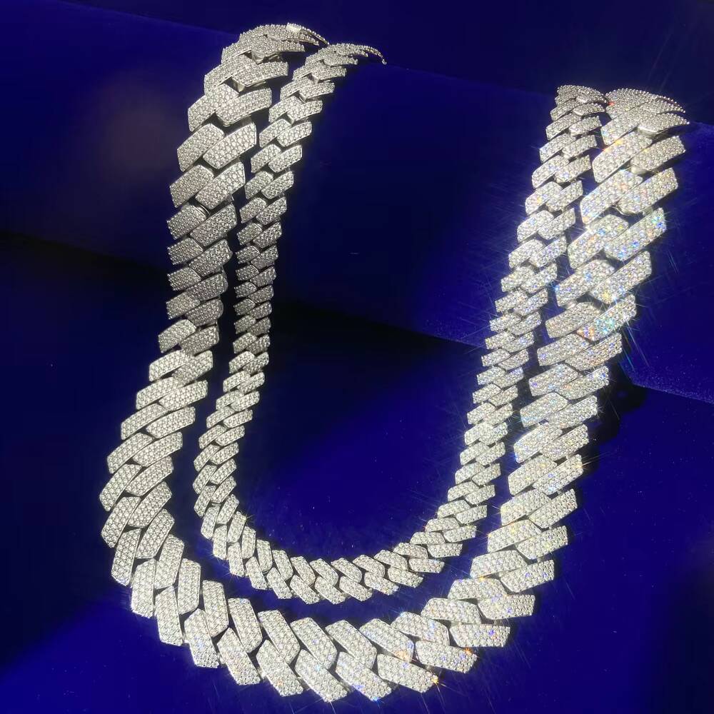 Hip Hop Jewelry 2 Rows 12mm Gold Plated Ice Out Vvs Moissanite Diamond 925 Sterling Silver Cuban Link Chain Necklace