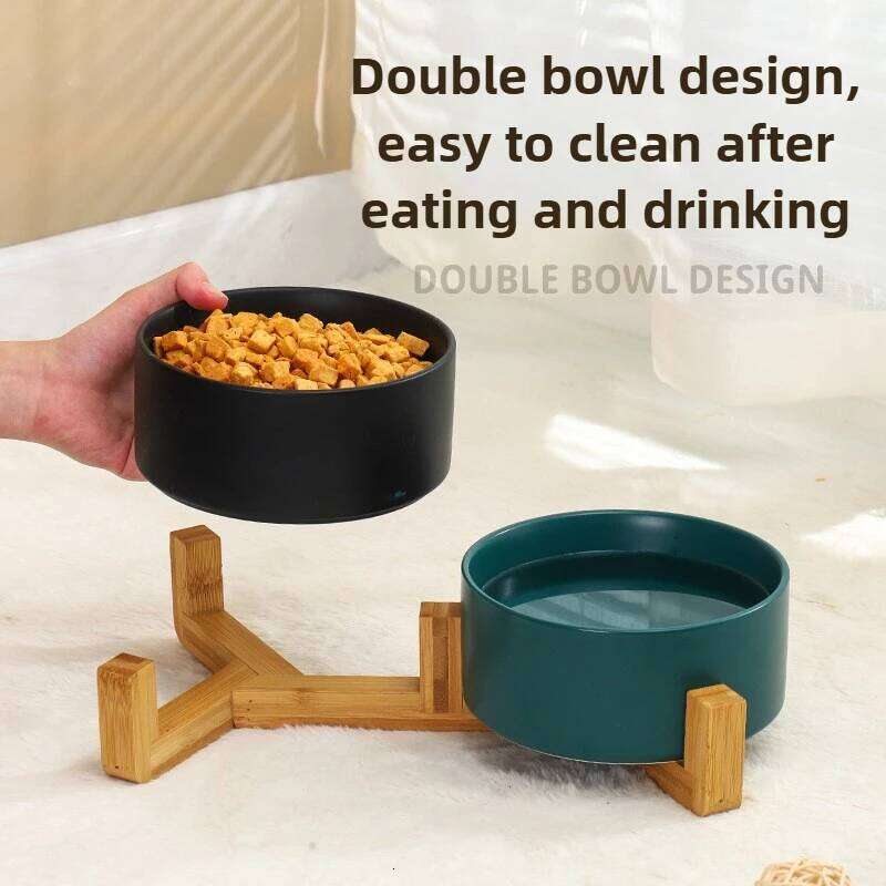 Dish With Wood Stand No Spill Ceramic Double Bowl For Dog Cat Food Water Feeder Cats Small Dogs Pet bowl 26Y0312