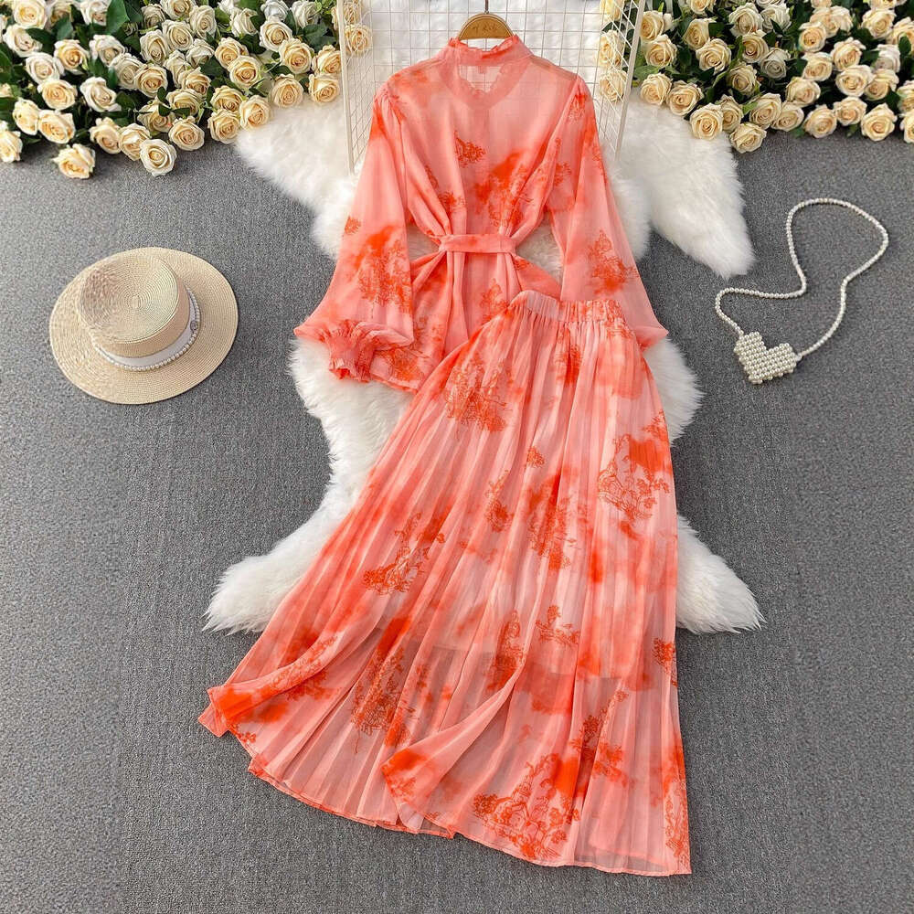 2026 Designer's New Chinese Printed Elegant Stand up Collar Lantern a22 Sleeve Women's Shirt Summer Slimming Top Skirt Set