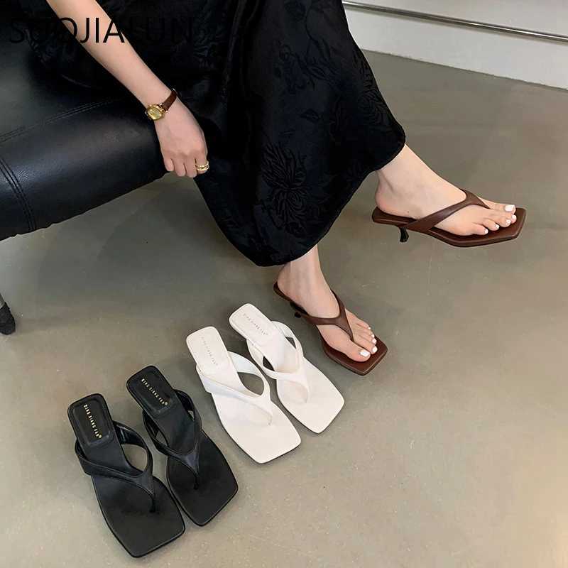 SUOJIALUN 2024 Summer New Women Slipper Fashion Narrow Band Ladies Thin High Heel Outdoor Dress Sandal Elegant Dress Flip Flops K260312
