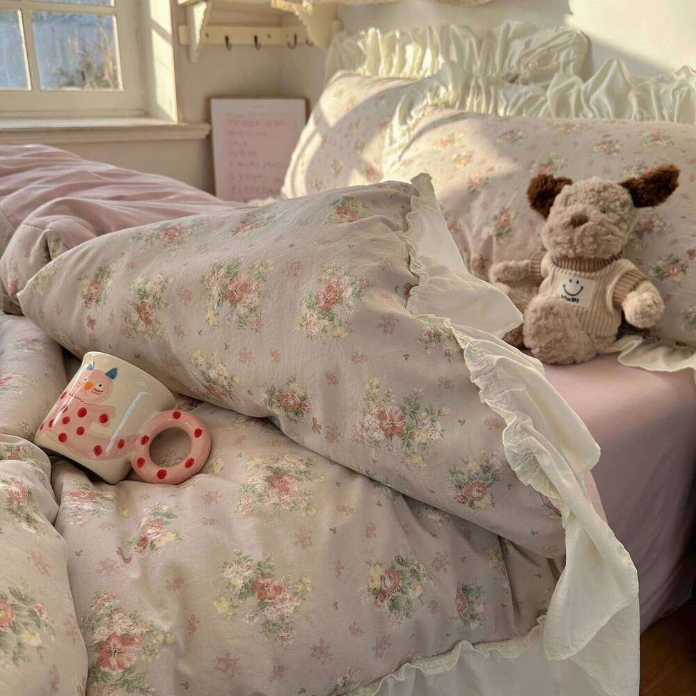Korean Princess Style Floral Ruffles Bedding Set Washed Cotton Duvet Cover Bed Sheet Pillowcases Single Full Queen Size 3/4Pcs H260312